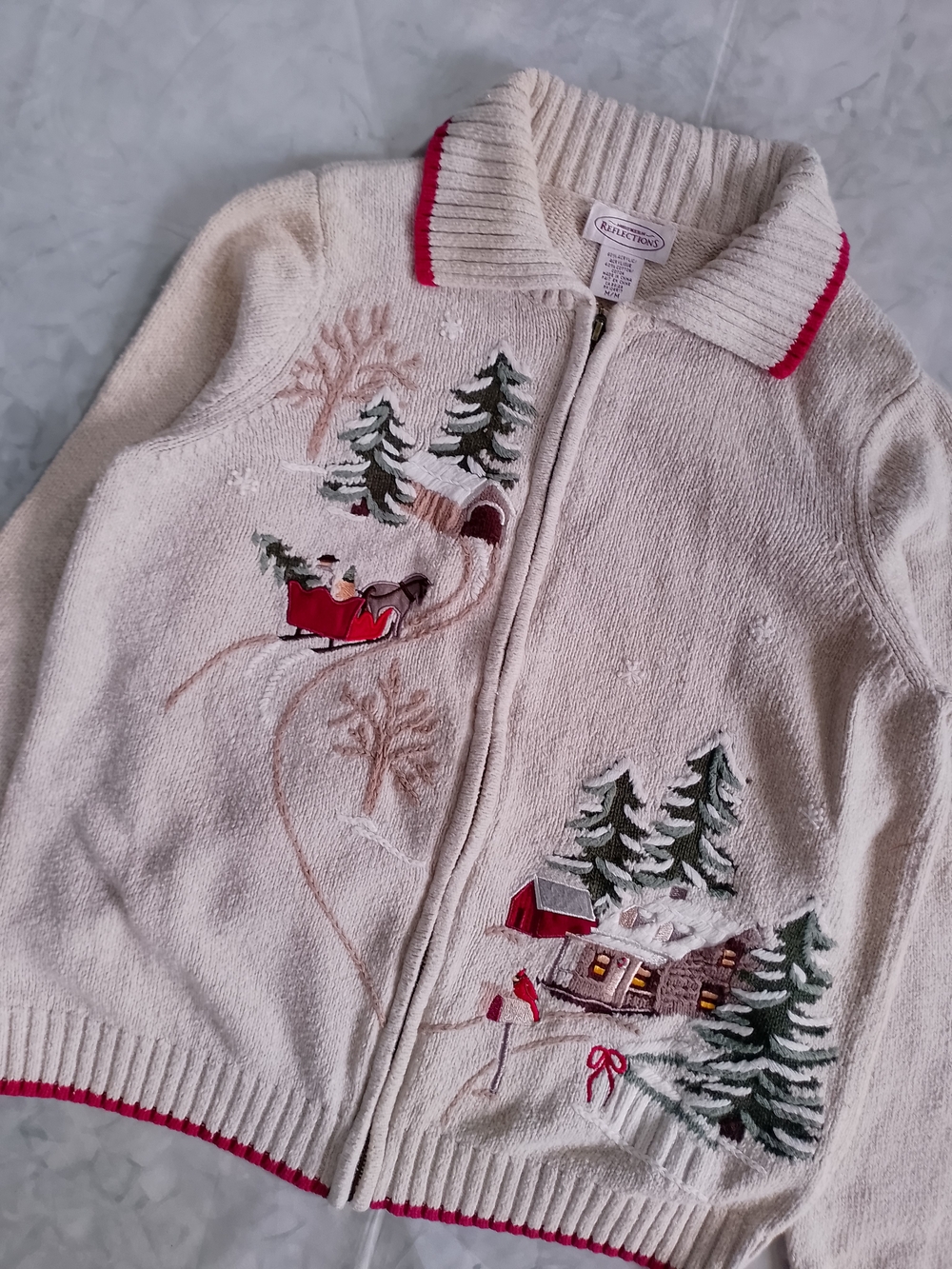 Vintage Cozy Cream Winter Scene Zip-Front Sweater Winterscape - Picture 8 of 10
